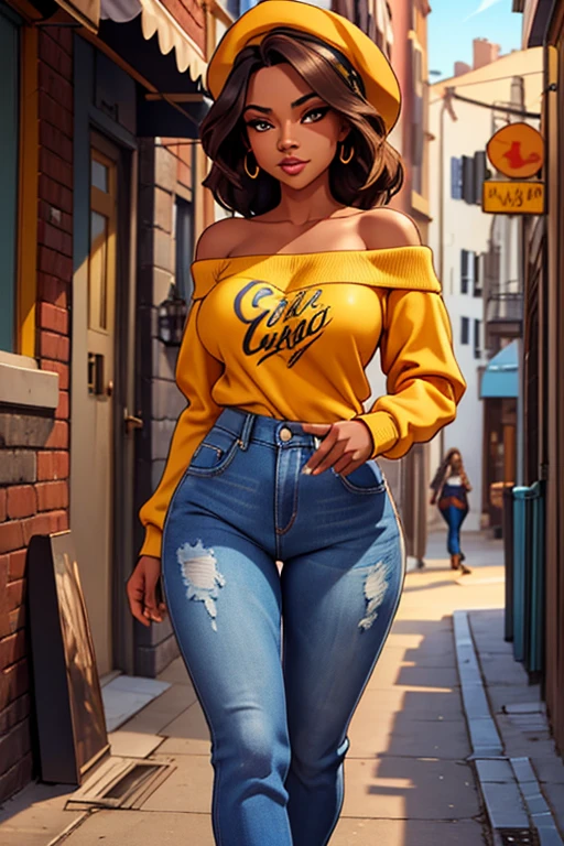 a beautiful woman with a perfect hourglass figure, slim waist, large breasts, wearing an off-the-shoulder printed sweatshirt, jeans, and a stylish hat, standing in a vibrant alley, photorealistic, high quality, detailed facial features, detailed clothing, dynamic pose, beautiful lighting, warm color palette, cinematic composition