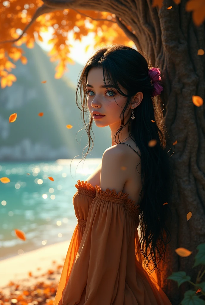 (photorealism:1.5)
female princess, thoughtful expression, gazing at the majestic tree, falling leaves, calm coastal village in the background, warm sunlight, vibrant colors, high contrast, hyper-realistic, serene atmosphere, pensive pose, detailed, high-definition, reflective mood, peaceful setting, long black hair, blue eyes
slight freckles, long eyelashes, thick eyebrows, girl in off-shoulder mage mini dress, big neckline,
head tilt, playful, perfect hands, eye contact, midriff, beach, toned, fit,