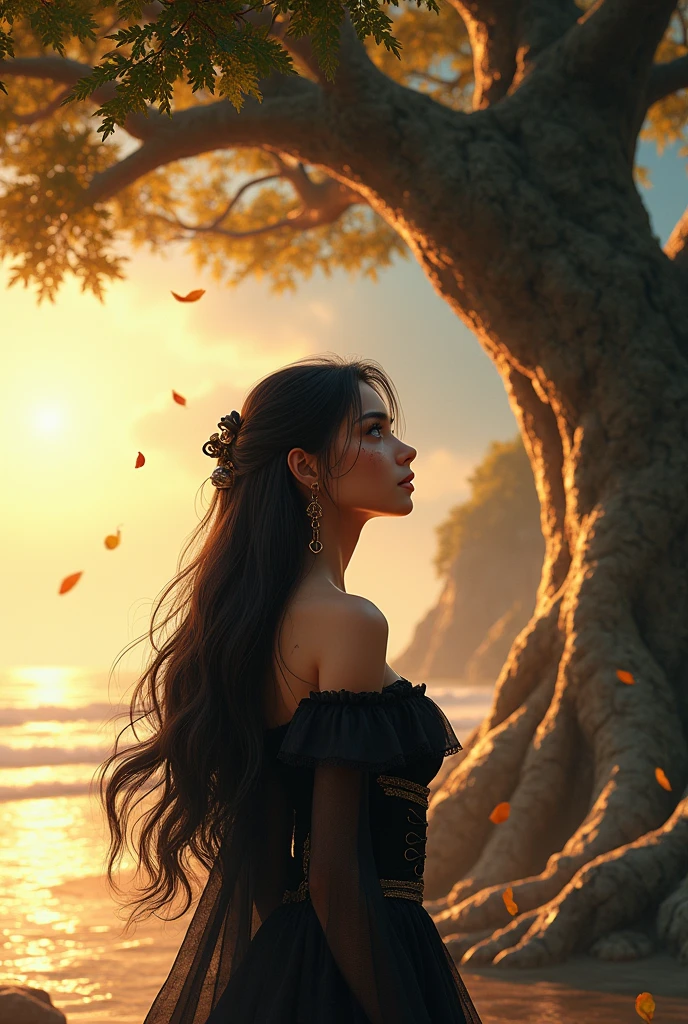 (photorealism:1.5)
female princess, thoughtful expression, gazing at the majestic tree, falling leaves, calm coastal village in the background, warm sunlight, vibrant colors, high contrast, hyper-realistic, serene atmosphere, pensive pose, detailed, high-definition, reflective mood, peaceful setting, long black hair, blue eyes
slight freckles, long eyelashes, thick eyebrows, girl in off-shoulder mage mini dress, big neckline,
head tilt, playful, perfect hands, eye contact, midriff, beach, toned, fit,