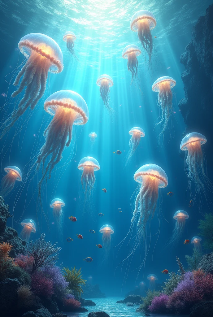 Picture of marine animals, there are many jellyfish.