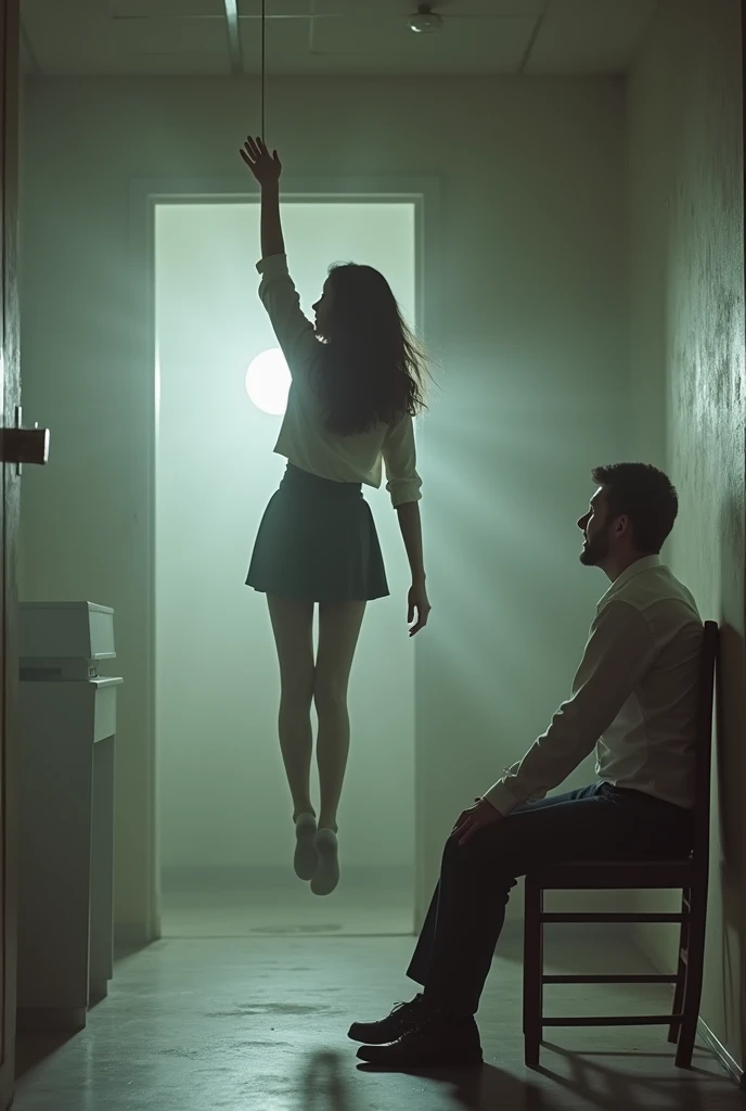Scene of female student wearing white thigh high socks hanging herself to death ,hovering in the air , a man sitting on the ground in panic with a chair on the ground 