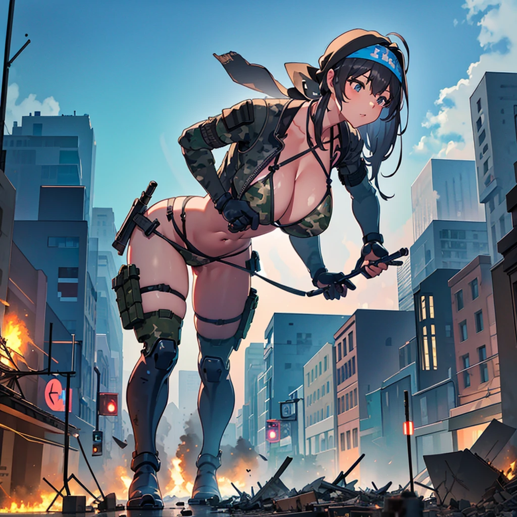 ((A huge black-haired female soldier in a camouflage bikini is walking through the valley of a destroyed city, holding a weapon))
Complex composition from below (Blue sky) ((Thunder clouds)) Masterpiece Anime style Delicate painting 4k 90's
Huge crowd ((situation)) ((destroyed metropolis)) ((collapsed building)) ((broken car)) ((car)) ((vehicle)) ((heap of rubble)) ((fire)) ((explosive smoke))
((Abs)) ((Muscular)) ((Camouflage bikini)) Military jacket ((Bandana)) Rifle Bazouga Heavy weapon Military knife Military boots Broken tank Female Titan girl Full body
Crowd Unreal Engine, cleavage, a picture, lovely picture, beautiful analog style, whole body,Giantess, Growth, Macro, In city, Standing, GTS,GTS, Giantess Female Giant, huge high school girl in the valley between buildings, skyscraper area, big city