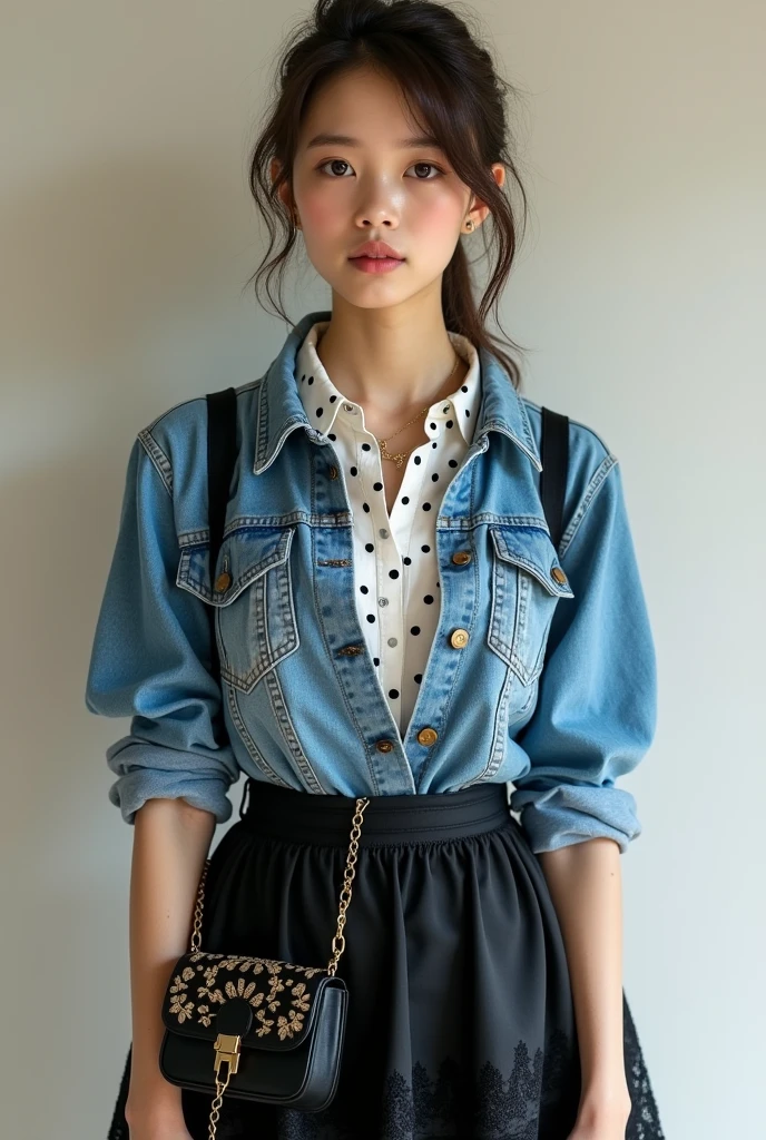 is wearing a layered look featuring a white polka-dot shirt underneath a blue denim dress paired with a black skirt with lace details. The outfit is accessorized with a small black purse and delicate necklace, giving it a cute and girly aesthetic