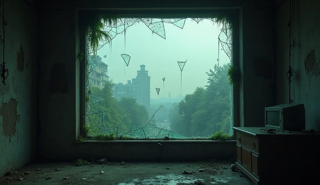 View from under a broken glass window in a room in an abandoned city