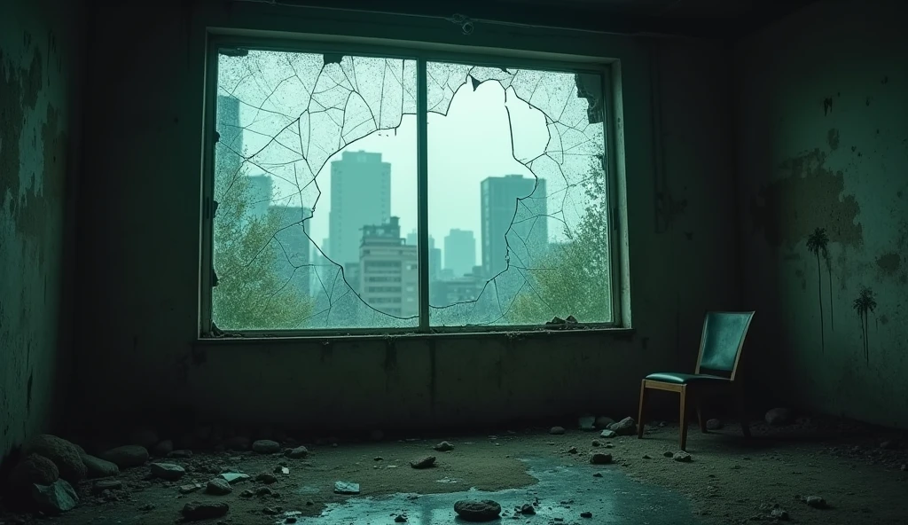 View from under a broken glass window in a room in an abandoned city