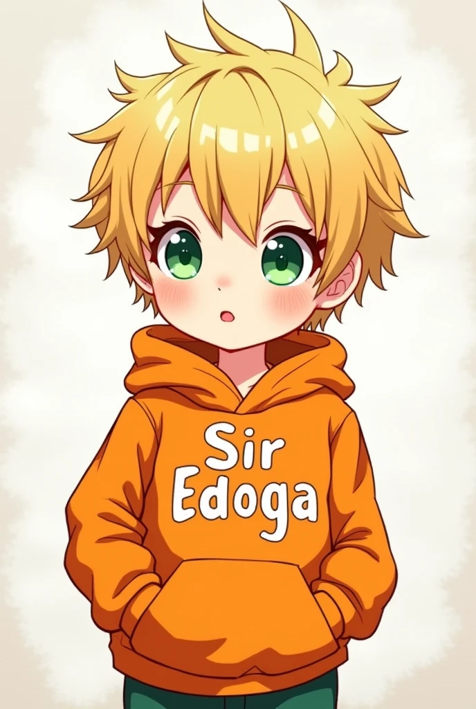 A boy drawn on paper with blonde hair green eyes wearing a orange hoodie written on the hoodie sir edoga