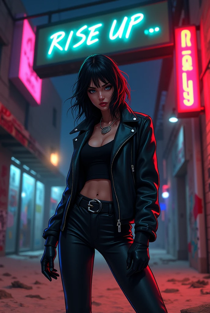 Cover for a song titled 'JOHNNY' in the Trap Hip Hop Drill genre. The focus is on a strong, fierce woman. She remains confident, wearing urban clothing with dark, dark tones, in a sandy urban landscape. The background is a night scene with graffiti covered walls, bright neon signs, and shadows to create an intense, powerful atmosphere. The woman should have a determined expression, symbolizing resistance and power, ready to rise. The title 'Rise Up' is in bold, metallic lettering at the top, with an aggressive touch, urban font style.