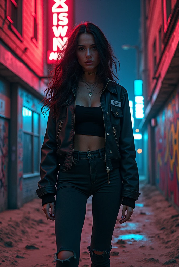 Cover for a song titled 'JOHNNY' in the Trap Hip Hop Drill genre. The focus is on a strong, fierce woman. She remains confident, wearing urban clothing with dark, dark tones, in a sandy urban landscape. The background is a night scene with graffiti covered walls, bright neon signs, and shadows to create an intense, powerful atmosphere. The woman should have a determined expression, symbolizing resistance and power, ready to rise. The title 'Rise Up' is in bold, metallic lettering at the top, with an aggressive touch, urban font style.