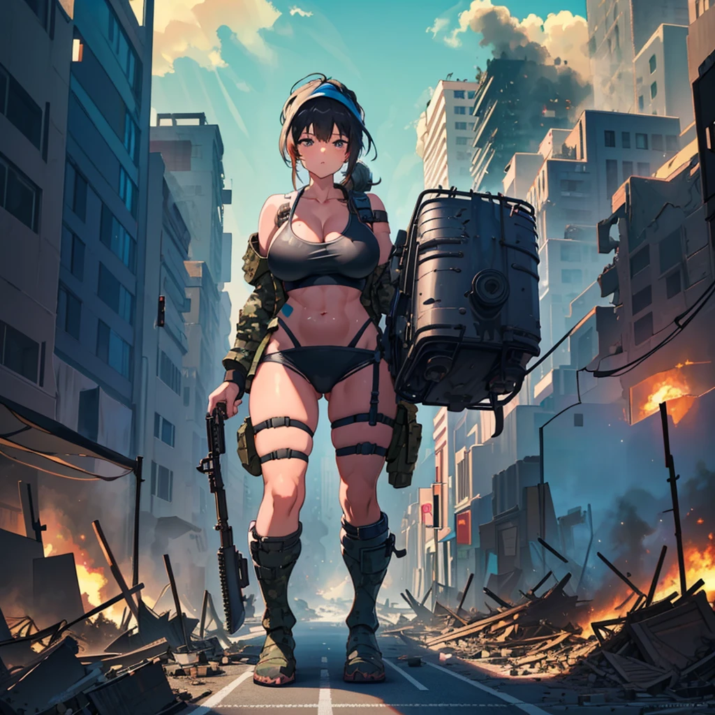 ((A huge black-haired female soldier in a camouflage bikini is walking through the valley of a destroyed city, holding a weapon))
Complex composition from below (Blue sky) ((Thunder clouds)) Masterpiece Anime style Delicate painting 4k 90's
Huge crowd ((situation)) ((destroyed metropolis)) ((collapsed building)) ((broken car)) ((car)) ((vehicle)) ((heap of rubble)) ((fire)) ((explosive smoke))
((Abs)) ((Muscular)) ((Camouflage bikini)) Military jacket ((Bandana)) Rifle Bazouga Heavy weapon Military knife Military boots Broken tank Female Titan girl Full body
Crowd Unreal Engine, cleavage, a picture, lovely picture, beautiful analog style, whole body,Giantess, Growth, Macro, In city, Standing, GTS,GTS, Giantess Female Giant, huge high school girl in the valley between buildings, skyscraper area, big city