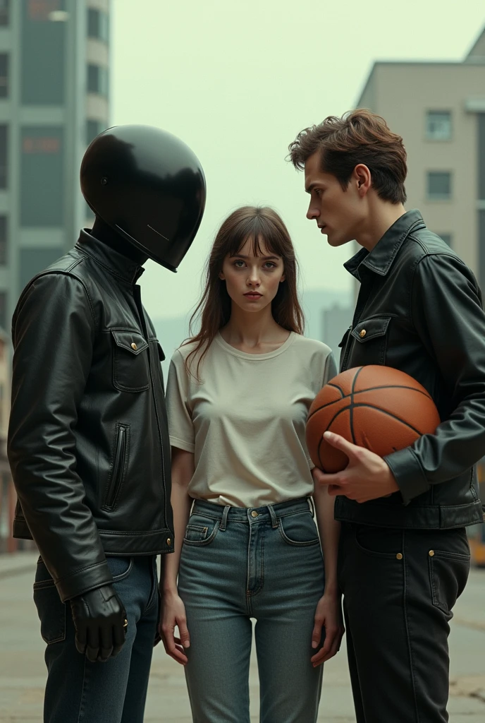 Two men, one with a motorcycle helmet that covers his entire head and the other with a basketball and brown hair, watching a semi-realistic woman