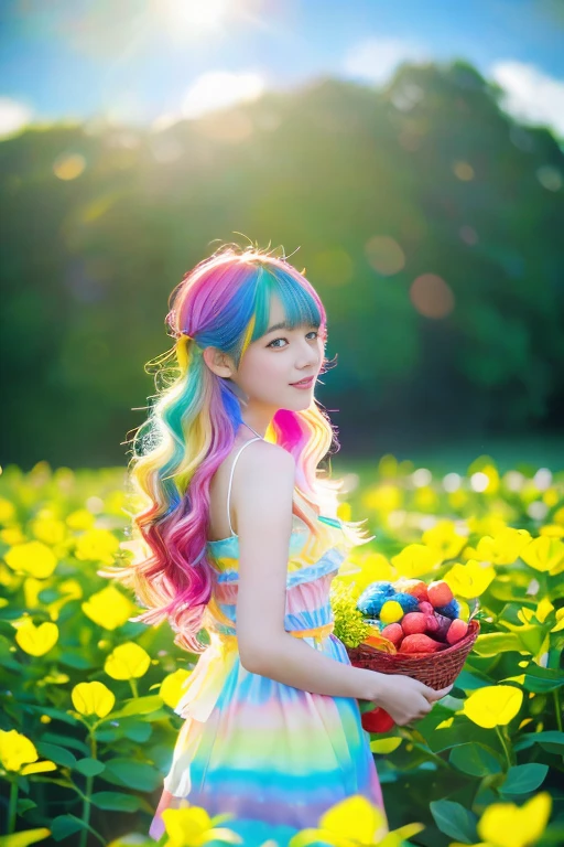 Highest quality,High resolution,A Japanese girl standing in a flower field holding a basket of fruit and flowers, Two-tone hair, long hair with pastel colours, aurora Colored Hair, Colorful pastels, Hair Color, multiColored Hair, Colorful long hair, Two-tone hair dye, Colorful Hair, Gradient Hair, pastel colour, Colored Hair, Bright rainbow hair colors,One-piece dress with frills,Behind the girl is a stained-glass church.:1.7,The background is a sparkling rainbow in a clear blue sky.:1.5,A large rainbow-colored pumpkin grows in a flower field:1.5