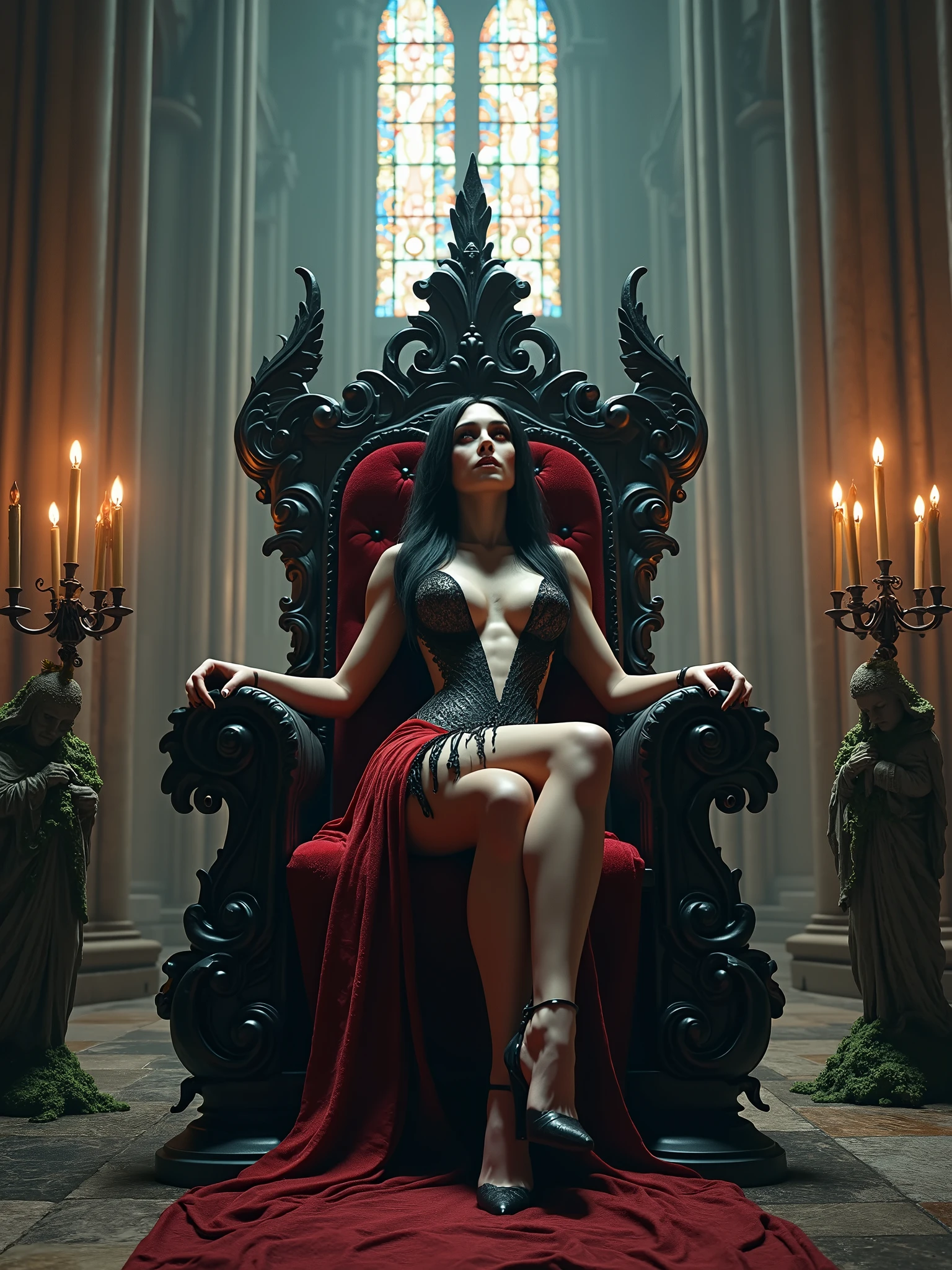 A female demon Succubi sitting on a throne inside a gothic church altar