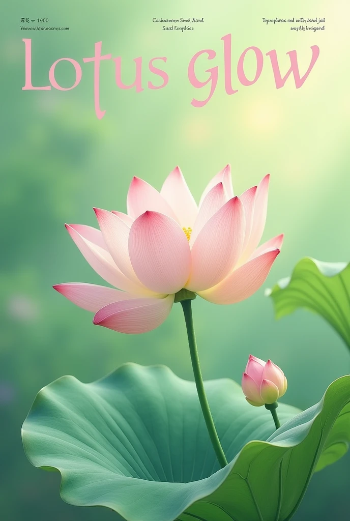 Create a cover for a makeup magazine that looks decent, and has the elegant aesthetic of a lotus flower with the name lotus glow with pastel pink and pastel green in addition to green very elegant