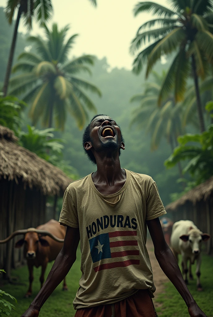 Very thin African man in a jungle with straw huts and cows, wearing a Honduras t-shirt and an American flag screaming to the sky in despair