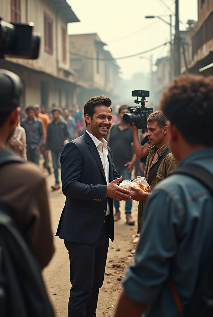 Influencer setting a good example by helping the poor with cameras around