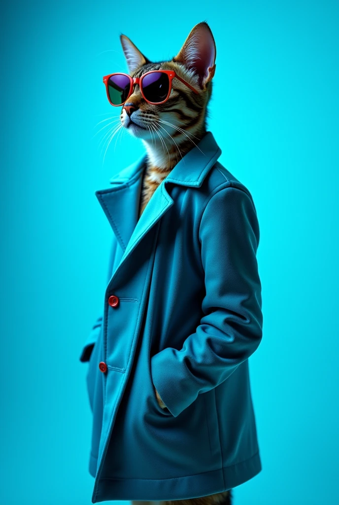 The best mobile wallpaper, Award winning wallpaper, portrait photography, In the front view there is a portrait of a cute cat dressed in 1960s mid-century space age clothing.., side view shot, shot with canon EOS R5, Establish a marked contrast that accentuates the subject., Fluorescent blue tone, Wearing a very modern coat and sunglasses is a modern 60s style.., Clothes all in one color., beautiful background