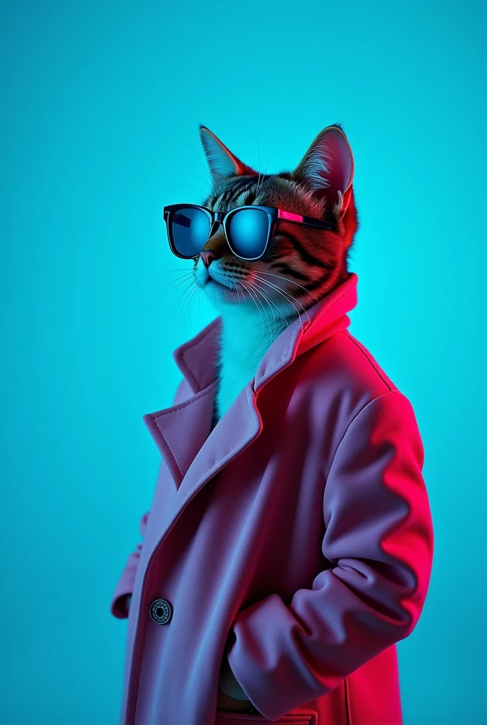 The best mobile wallpaper, Award winning wallpaper, portrait photography, In the front view there is a portrait of a cute cat dressed in 1960s mid-century space age clothing.., side view shot, shot with canon EOS R5, Establish a marked contrast that accentuates the subject., Fluorescent blue tone, Wearing a very modern coat and sunglasses is a modern 60s style.., Clothes all in one color., beautiful background