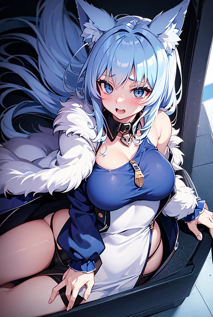 Anime style wolf girl, in a jacket, bone, fully body, The eyes, Linda, high resolution, breastsout, blushful, laughter, blue colored eyes,