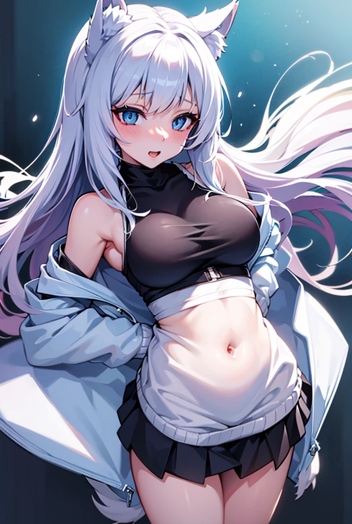 Anime style wolf girl, in a jacket, bone, fully body, The eyes, Linda, high resolution, breastsout, blushful, laughter, blue colored eyes,