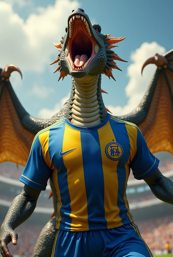 Dragon shouting a goal with a blue and yellow striped shirt with a medium size vertical shape from top to bottom