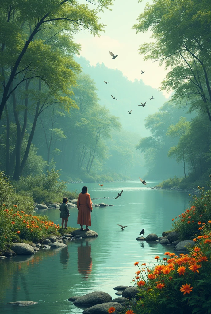 Isang tahimik na tabing ilog sa kagubatan may mga ibon at mga bulaklak with two people