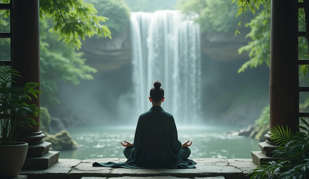 An Asian practitioner, with a serene expression, meditates in the lotus position on a stone platform inside an ancient temple. Waterfalls fall in the background, its translucent waters creating a fine mist that floats through the air. The temple, surrounded by lush vegetation, seems to be in perfect harmony with nature.