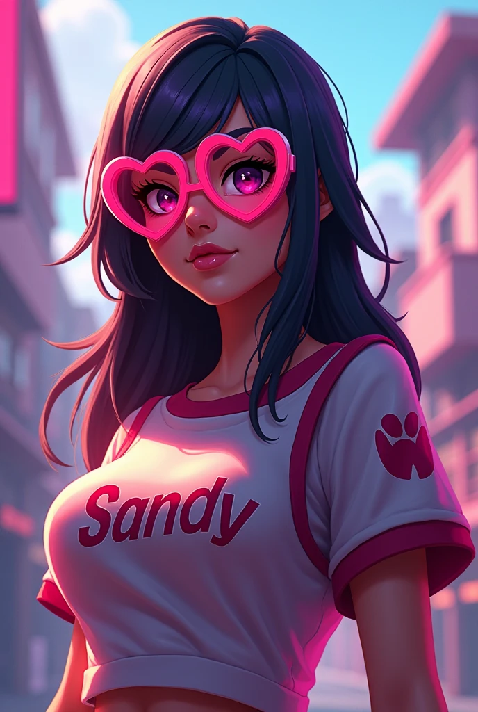 Free Fire game style female character, with big long hair and heart glasses shirt with name written SANDY