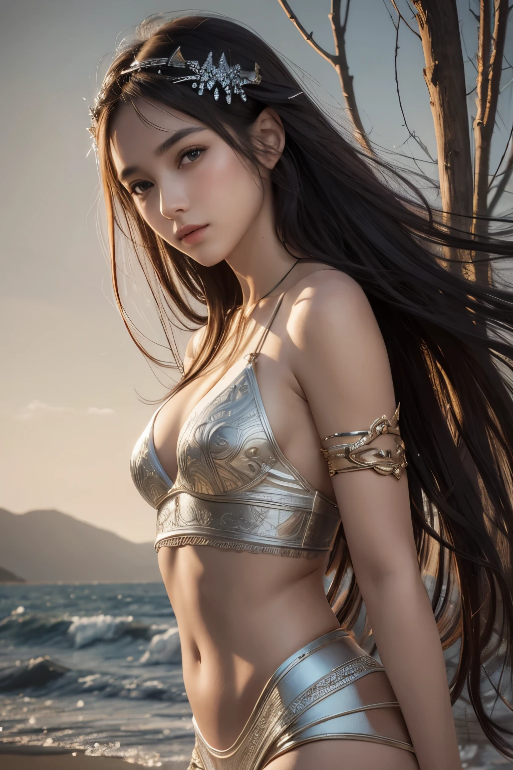 A stunning masterpiece by Luis Royo, High-quality and realistic depiction of a shiny, beautiful girl, Natural skin texture, (((This surreal portrait captures the essence of youth and beauty))), (((The girl's arms and legs are attached with elaborate chains.))), (((((Sex slave))))), (((Completely naked))), (whole body), (((Succubus)))