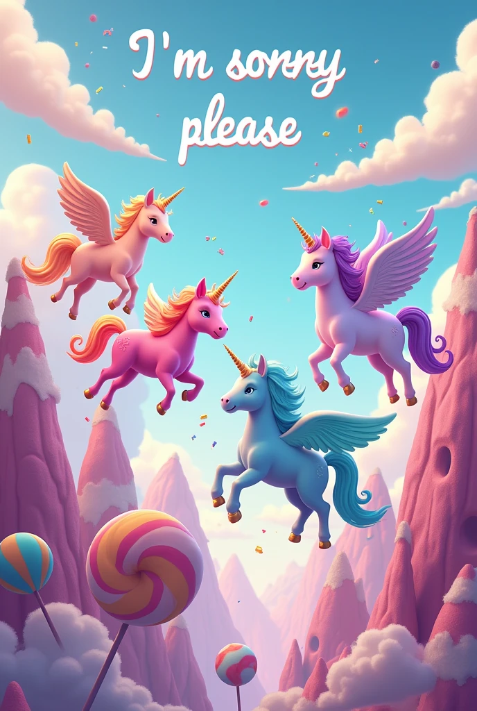 Create a picture with FOUR colorful unicorns flying over mountains of candy. Above them, the clouds form the phrase I'M SORRY PLEASE