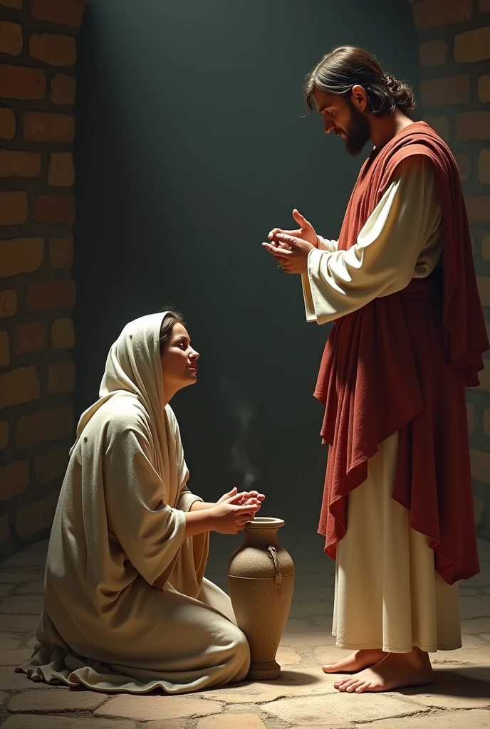 One lady, kneeling, sobbing, placing a coin in the vase and Jesus standing with his arms crossed looking at it and smiling discreetly
