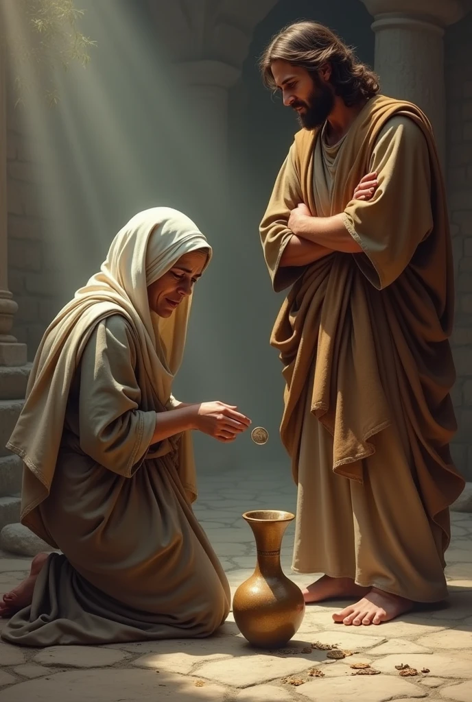 One lady, kneeling, sobbing, placing a coin in the vase and Jesus standing with his arms crossed looking at it and smiling discreetly