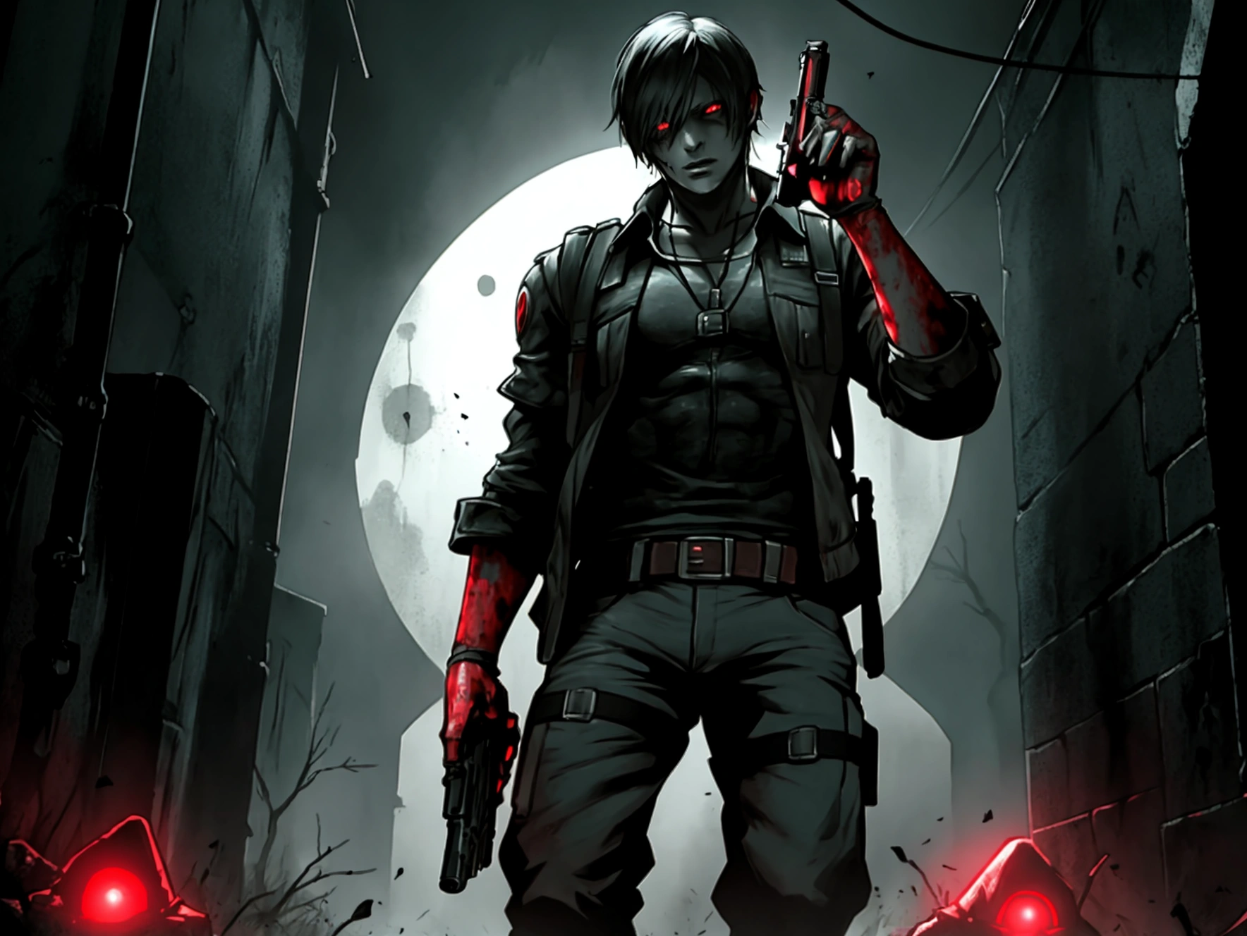 Resident Evil 4 Remake - Leon holding a pistol - glowing neon red eyes - dark atmosphere and dark background with zombies