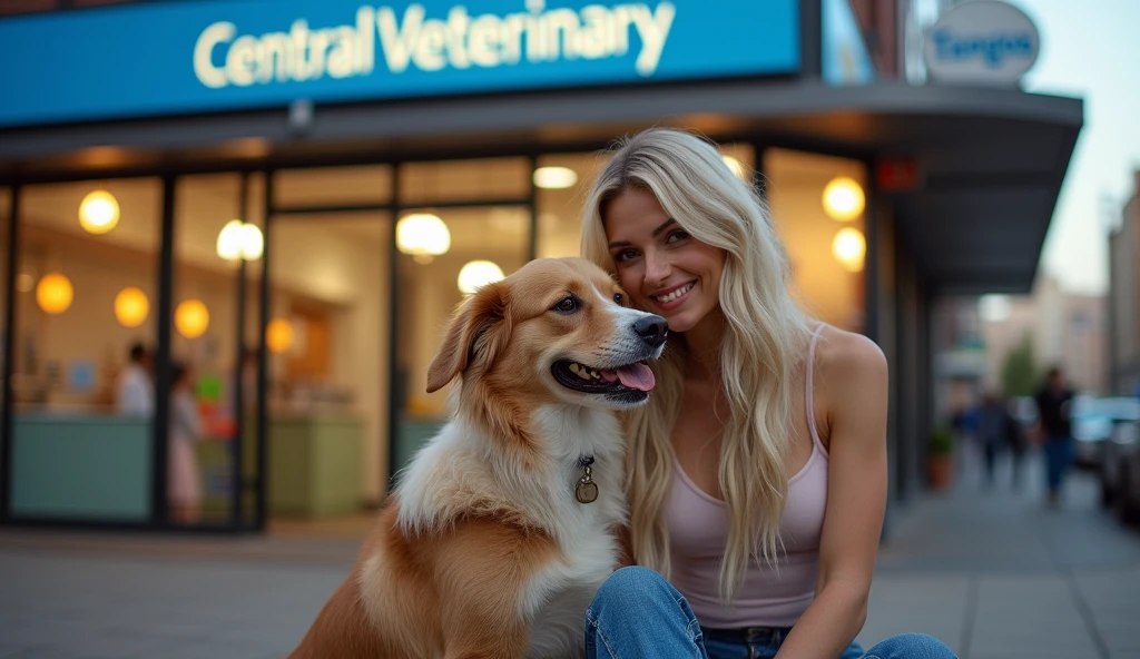 create an image for the best music to walk your dog, with Images of a beautiful and sexy blonde woman, playing with his dog on the street with the brand "tangos" in your clothes. In the background of the image you can see a veterinary clinic with a blue sign and white letters that says "central veterinary"