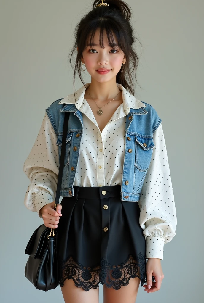 is wearing a layered look featuring a white polka-dot shirt underneath a blue denim dress paired with a black skirt with lace details. The outfit is accessorized with a small black purse and delicate necklace, giving it a cute and girly aesthetic