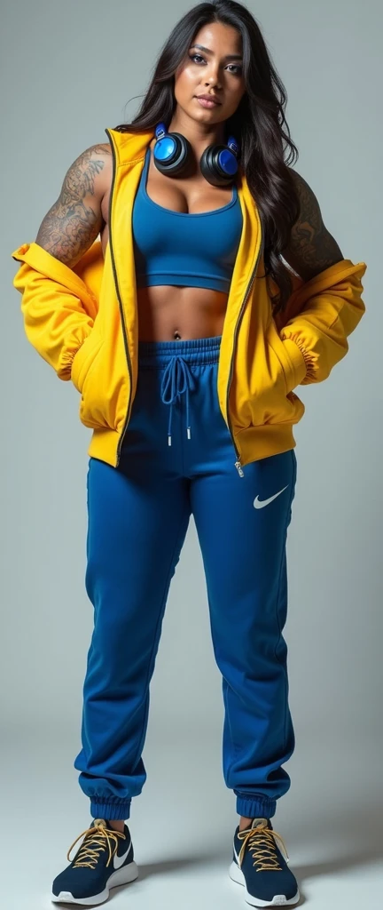 Muscular girl full of tattoos busty wearing track suit sexy face and smile, Indian female, age 33, 42-D cup breasts, huge round boobs, extremely sweaty body, super muscles and ripped shredded physique defined arms and biceps posing biceps flex, wearing Nike gym outfit, highly detailed and realistic, Yellow jacket and blue tracks with shoes, wearing headphones around neck, full body length photo looking straight at the camera full body length. 4k HD.