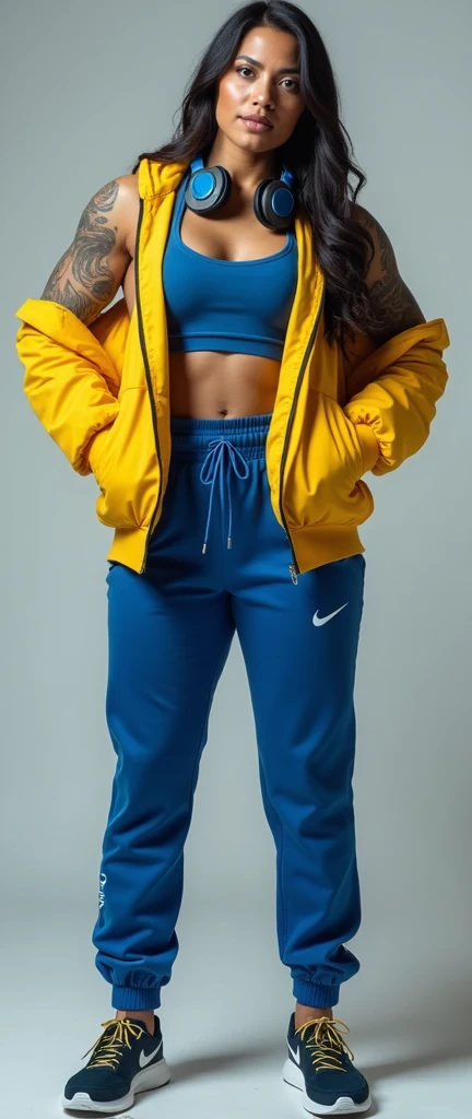 Muscular girl full of tattoos busty wearing track suit sexy face and smile, Indian female, age 33, 42-D cup breasts, huge round boobs, extremely sweaty body, super muscles and ripped shredded physique defined arms and biceps posing biceps flex, wearing Nike gym outfit, highly detailed and realistic, Yellow jacket and blue tracks with shoes, wearing headphones around neck, full body length photo looking straight at the camera full body length. 4k HD.