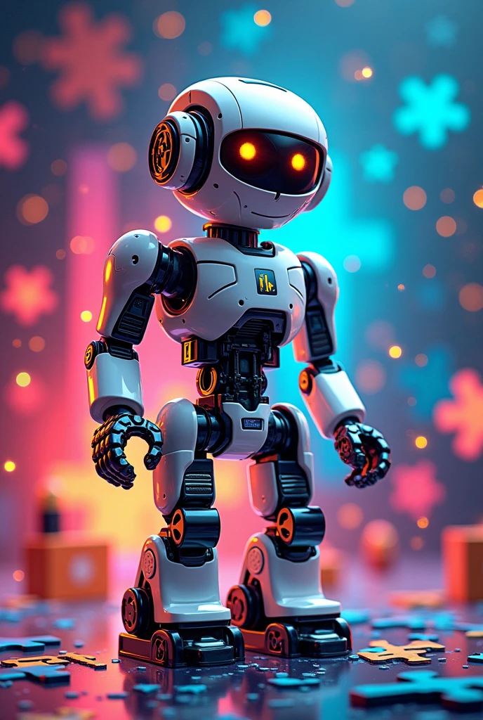 Create in landscape format, Exhibitor certificate at the 2024 Departmental Educational Technology Meeting., "robotecno". robot , vibrant colors. robot , programming, LEGO (most important image), puzzle pieces