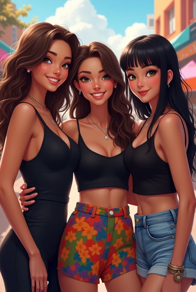 I want a picture of three friends:
girl 1: Bullish, long dark brown hair wavy at the ends, eyes black e pele um pouco morena. She wears a black dress and is happy.
Girl 2: average, long straight brown hair, greeneyes. She wears a black crop top and a colorful skirt and is happy..
Girl 3: lowrise, medium straight black hair with bangs, eyes black. She wears a black blouse and denim shorts and is happy. She is japanese.