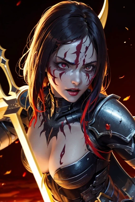 girl, Rotten Zombie Warrior, Evil look, sexy,  Wield a spear, Demon Armor, Face Paint, Body Paint, Red glowing eyes, Combat Stance, Vibrant appearance, Creative Action, Imaginative, Sensual, Voluntary, Highest quality, Skin Texture, Intricate details, (Cinema Lighting), RAW Photos, 8k