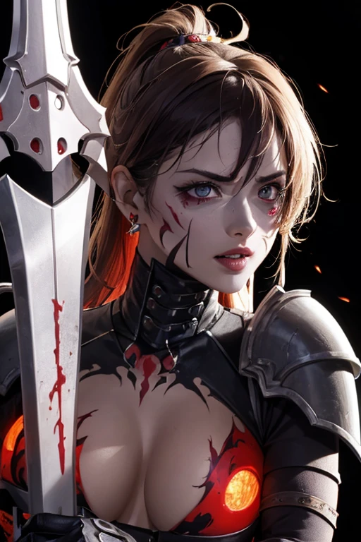 girl, Rotten Zombie Warrior, Evil look, sexy, Wield a spear, Demon Armor, Face Paint, Body Paint, Red glowing eyes, Combat Stance, Vibrant appearance, Creative Action, Imaginative, Sensual, Voluntary, Highest quality, Skin Texture, Intricate details, (Cinema Lighting), RAW Photos, 8k