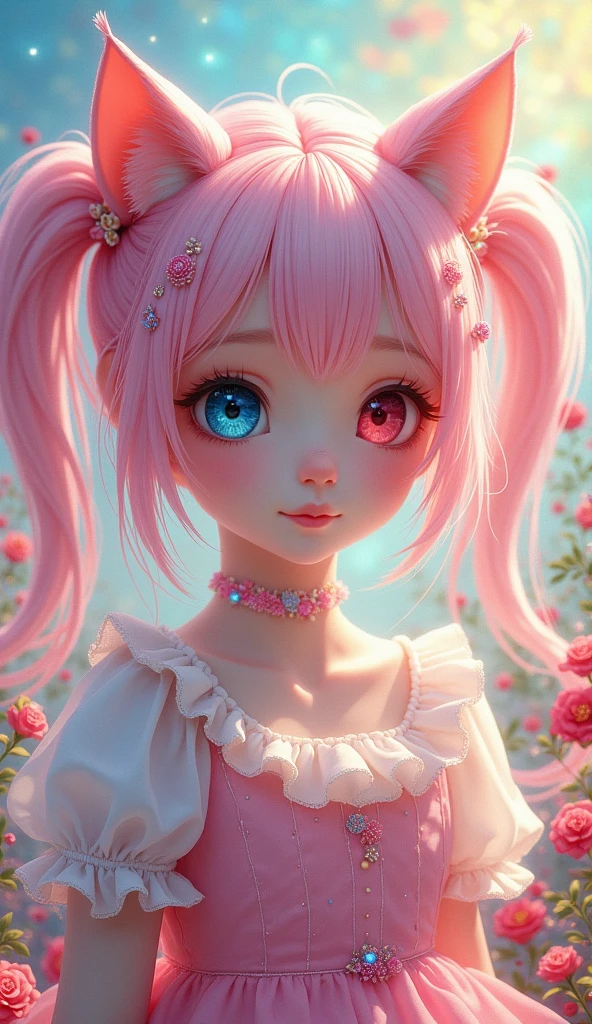 8K quality, watercolor painting, stylish design(((masterpiece))), (((Highest quality)))(, (Ultra-detailed)), A fusion of watercolor and oil painting, Psychedelic world, Commemorative photo, White Dress、super precision embroidery, See-through lace, ribbon, see-through frill,cute, beautiful girl, Lolita, , 1 cute girl, (Look forward), (Looking at this), (Very delicate and beautiful face), (Beautiful eyes in every detail), ((((Heterochromia Iridum - Red and Blue Eye Color))))、Through the bangs, Pale pink hair,Twin tails, Cat ear, 髪の色と同じ色のCat ear, Beautiful attention to detail, Beautiful lip detail, Highly detailed face, Attractive eyes, Long eyelashes, smile, Open your mouth a little, One Girl, Digital Art, pastel colour, ((Use the rainbow as your main color)),Vibrant colors,fantasy art pieces,dream-like,Mythical fantasy with rainbow accents,Fairytale Fantasy, (((Translucent rainbow))),Rainbow gradient,Subtle iridescent details,Gives off an aura of magic,Exquisite detail,Heavenly, Flowers,Soft lighting, Cinematic, romantic, baby doll、Framing above the chest, Colorful gel background, Fractal Floral Background, Sparkling, Sparkling, Lolita, Perfect lighting, Sharp focus, High resolution, High resolution,High color rendering, High resolution
