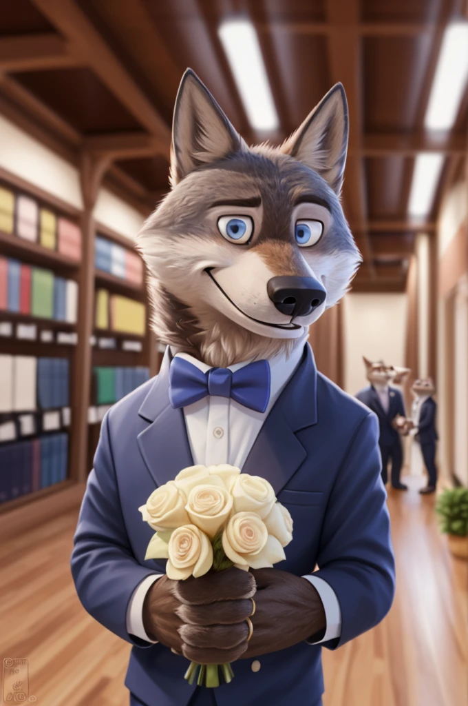 Larry (Zootopia), wolf, Gray Fur, (brown body:1.3), beautiful blue eyes, Zootopia, dressed,white jacket,pink shirt,White pants,the bow tie,canine,wolf, detailed fur, male, second, paw pads, finger claws,одевает the bow tie, Games,At the viewer, 5 fingers, paws, 4 toes, in the wedding palace, groom,finger ring, holds, flowers for wife,
BREAK from nextel, for dating, by xenoforge, (difficult, high detail,digital photography, soft focus, RAW, close to the camera, smile, positive, Good, mood, Houses, looks at the viewer, очень close to the camera, in the shop,his wedding, marriage palace combination,
Photorealism, realistic, photorealistic,digital style, Subsurface scattering,очень close to the camera
шедевр, Best quality, ultra realistic, 8 thousand.)