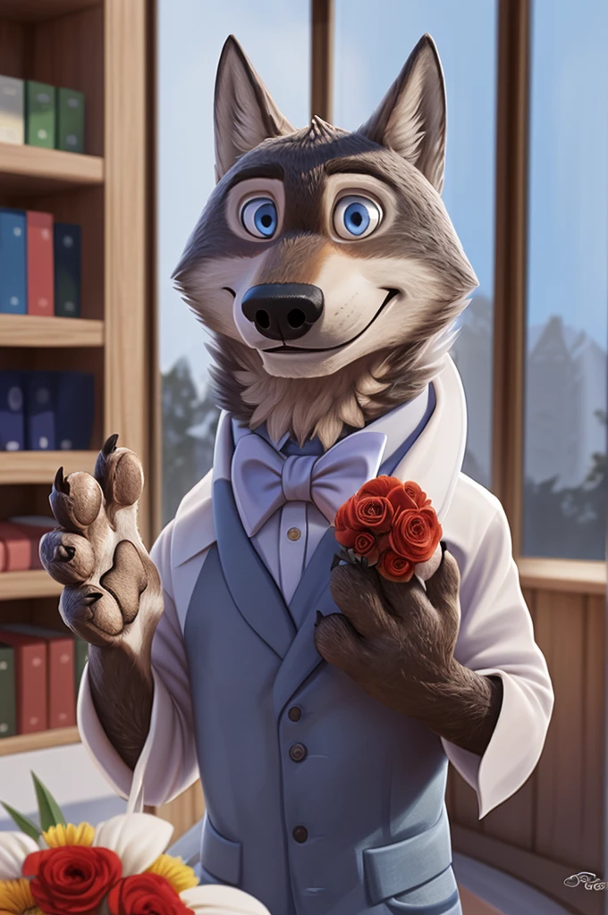 Larry (Zootopia), wolf, Gray Fur, (brown body:1.3), beautiful blue eyes, Zootopia, dressed,white jacket,pink shirt,White pants,the bow tie,canine,wolf, detailed fur, male, second, paw pads, finger claws,одевает the bow tie, Games,At the viewer, 5 fingers, paws, 4 toes, in the wedding palace, groom,finger ring, holds, flowers for wife,
BREAK from nextel, for dating, by xenoforge, (difficult, high detail,digital photography, soft focus, RAW, close to the camera, smile, positive, Good, mood, Houses, looks at the viewer, очень close to the camera, in the shop,his wedding, marriage palace combination,
Photorealism, realistic, photorealistic,digital style, Subsurface scattering,очень close to the camera
шедевр, Best quality, ultra realistic, 8 thousand.)