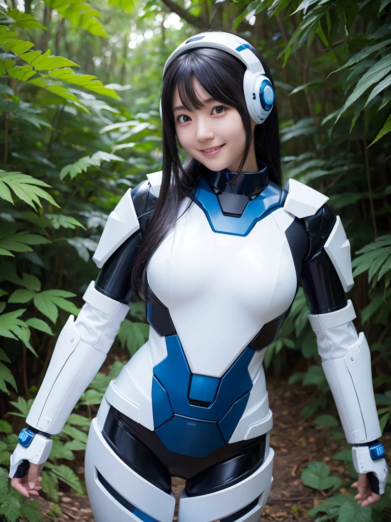 Japanese female android,Black Hair,White and blue robot suit,Plump,Posing in the deep forest,smile,