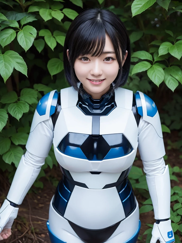 Japanese female android,Black Hair,White and blue robot suit,Plump,Posing in the deep forest,smile,
