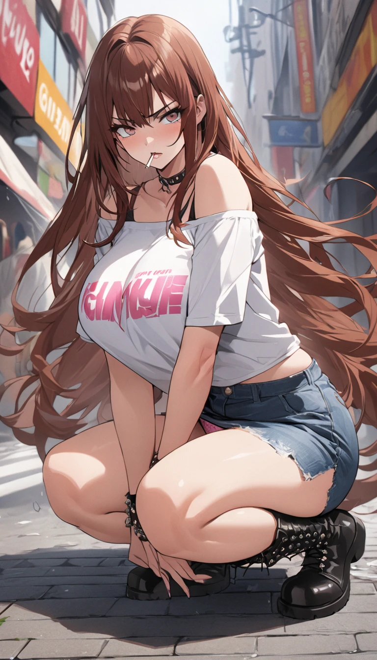 Ultra-high definition image quality、beautiful girl、Yankee Girl、Reddish brown hair、Disheveled long hair、Gal、Busy Street、Off-the-shoulder T-shirt、Denim skirt、Pink panties with leopard print panties、Highest quality, Big Ass、Thighs、Big Breasts、High cut boots、Glare、Put your hands on your hips、intimidating face、Smoke a cigarette、Cigarette smoke、Punk Fashion、Squat with your legs apart