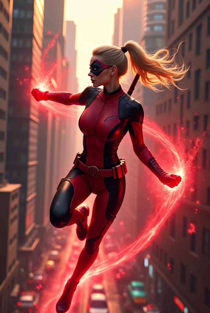 (((Flying between skyscrapers))),(((lady deadpool))),(((A beautiful woman with long blonde hair tied back in a ponytail))),(((bajo el manto de Wanda Wilson alias lady deadpool))),(((fighting pose))),(((red magic around his entire body))),(((Mascara lady deadpool))),(((Cinturón lady deadpool)))