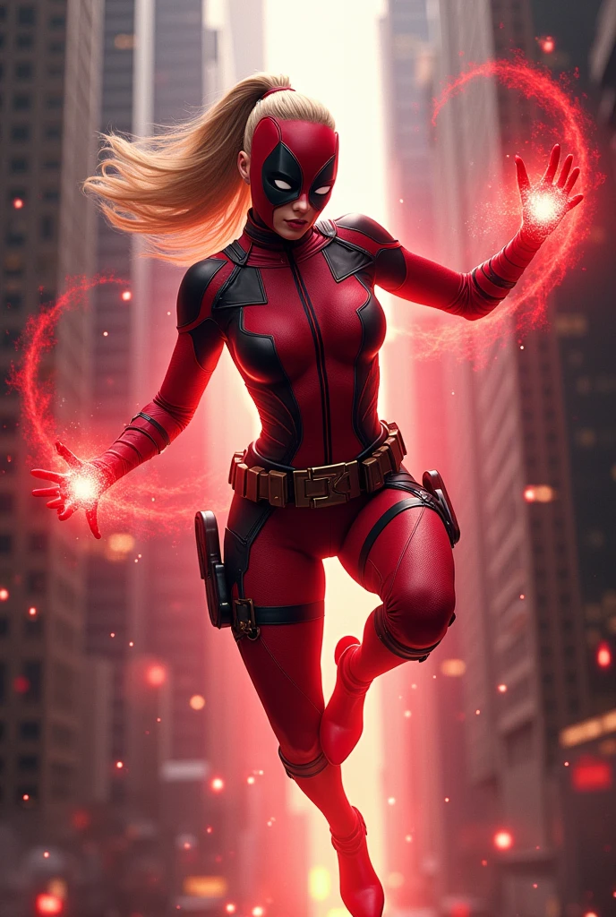 (((Flying between skyscrapers))),(((lady deadpool))),(((A beautiful woman with long blonde hair tied back in a ponytail))),(((bajo el manto de Wanda Wilson alias lady deadpool))),(((fighting pose))),(((red magic around his entire body))),(((Mascara lady deadpool))),(((Cinturón lady deadpool)))