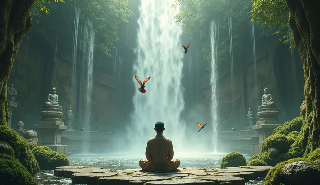 An Asian man meditates in the lotus position in the center of an ancient temple, surrounded by waterfalls that gently fall all around. Sacred statues of Buddha and other gods are arranged throughout the temple, covered in moss. Colorful birds fly around, creating a scenario of peace and spirituality, as the mist from the waterfalls mixes with the air.