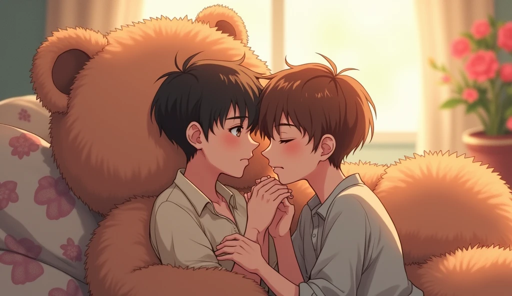 Two male agers they are lying on a giant teddy bear holding hands and you can see that they are naked giant teddy bear is in a room the image has to be in anime